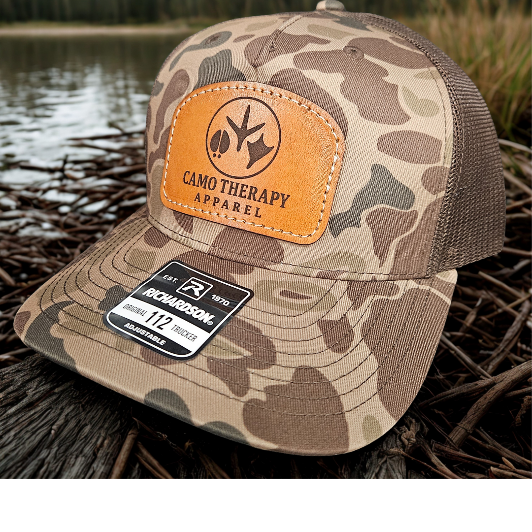 Camo Therapy™ Stitched on Leather Patch Trucker Hat – Richardson 112 - Duck Camo
