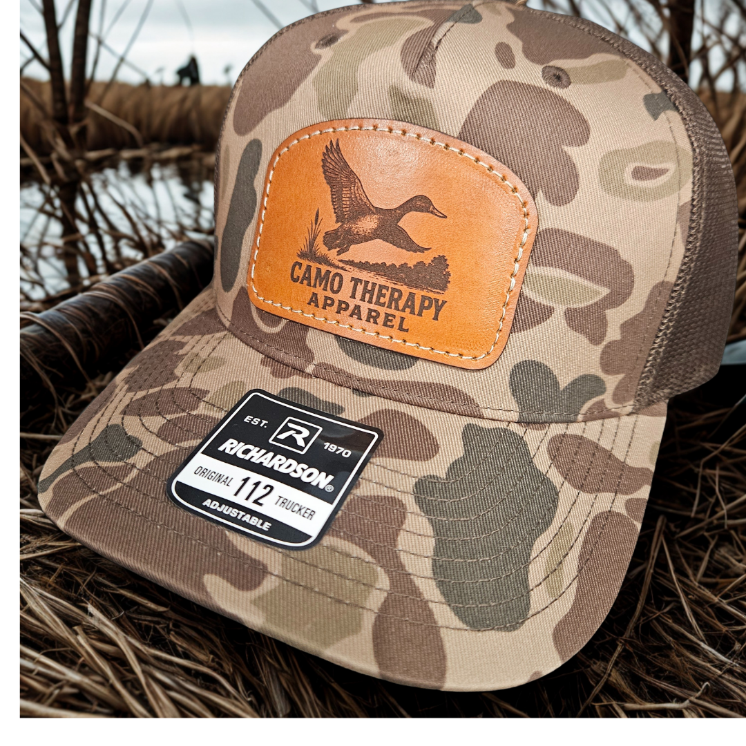 Camo Therapy™ Stitched on Leather Patch Trucker Hat – Richardson 112 - Duck Camo