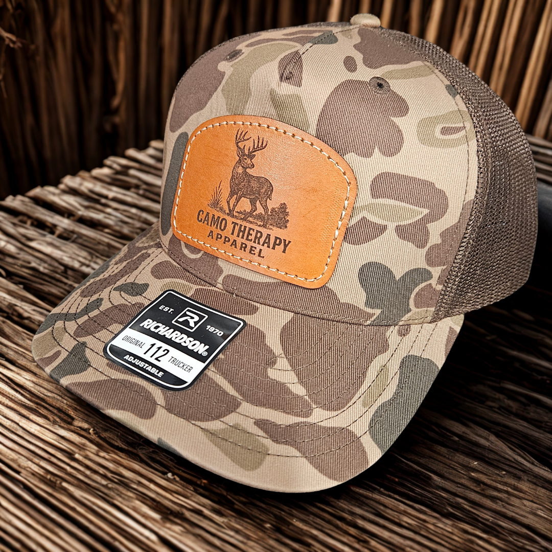 Camo Therapy™ Stitched on Leather Patch Trucker Hat – Richardson 112 - Duck Camo