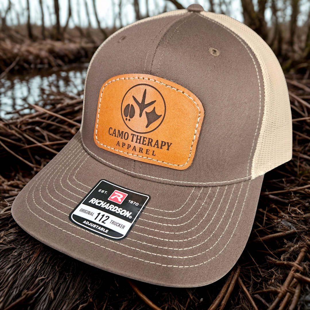 Camo Therapy™ Stitched on Leather Patch – Richardson 112 Snapback - Brown\Tan