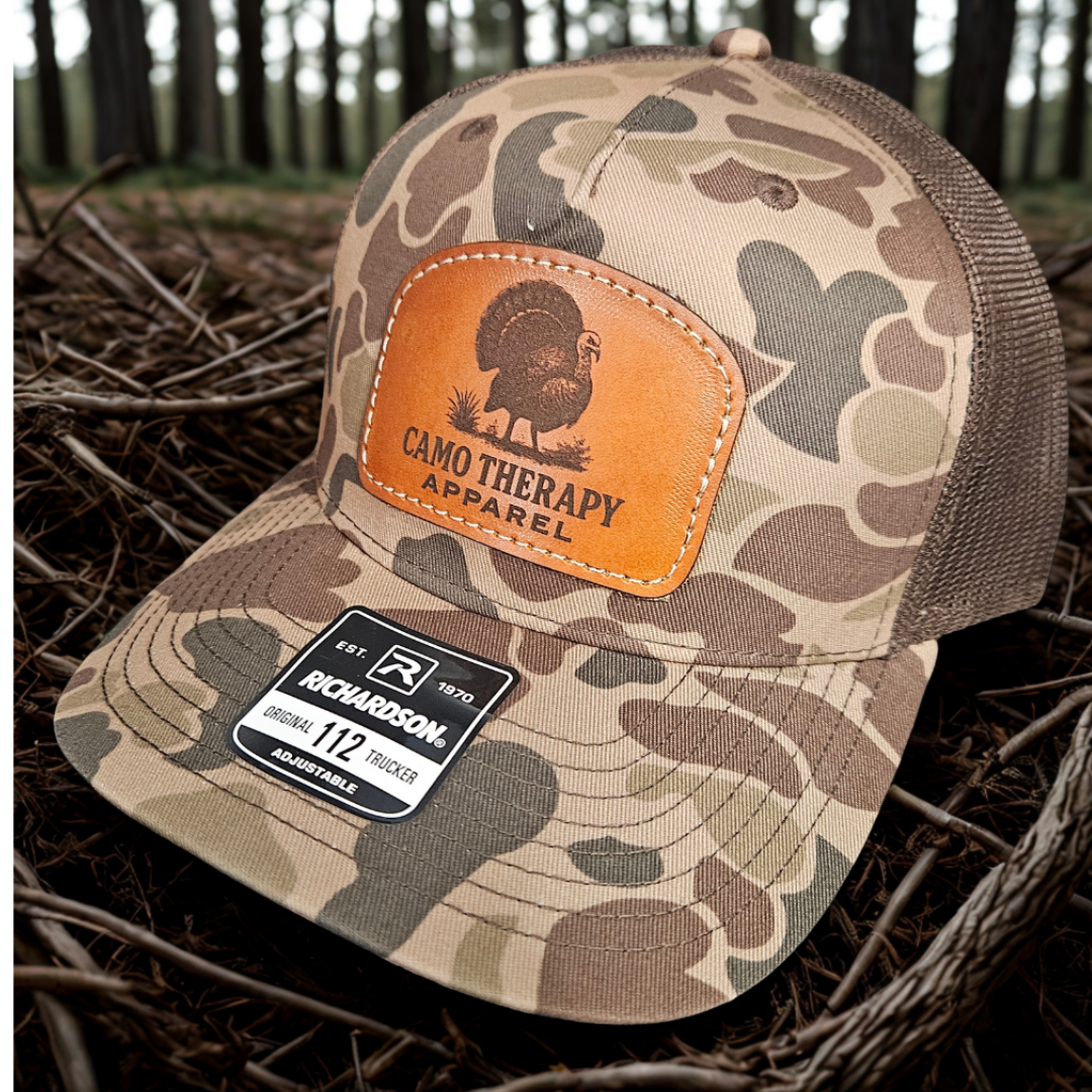 Camo Therapy™ Stitched on Leather Patch Trucker Hat – Richardson 112 - Duck Camo
