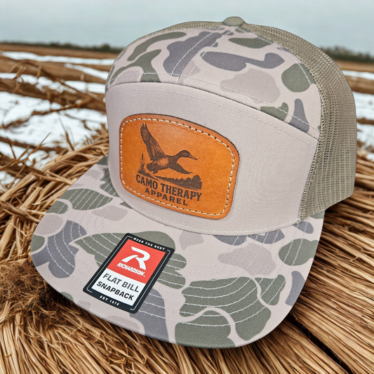Camo Therapy™ Stitched on Leather Patch Flat Bill – Richardson Flat Bill Snapback - Duck Camo