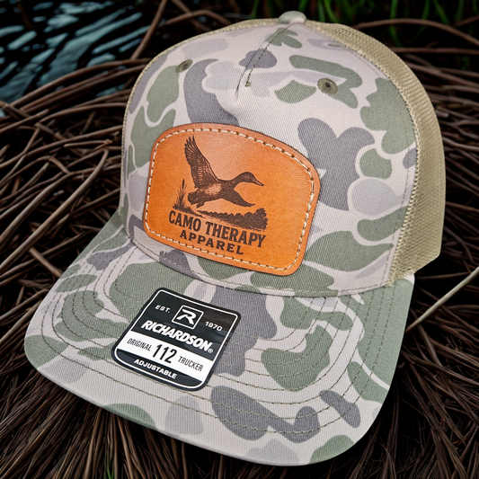 Camo Therapy™ Stitched on Leather Patch Trucker Hat – Richardson 112 - Duck Camo