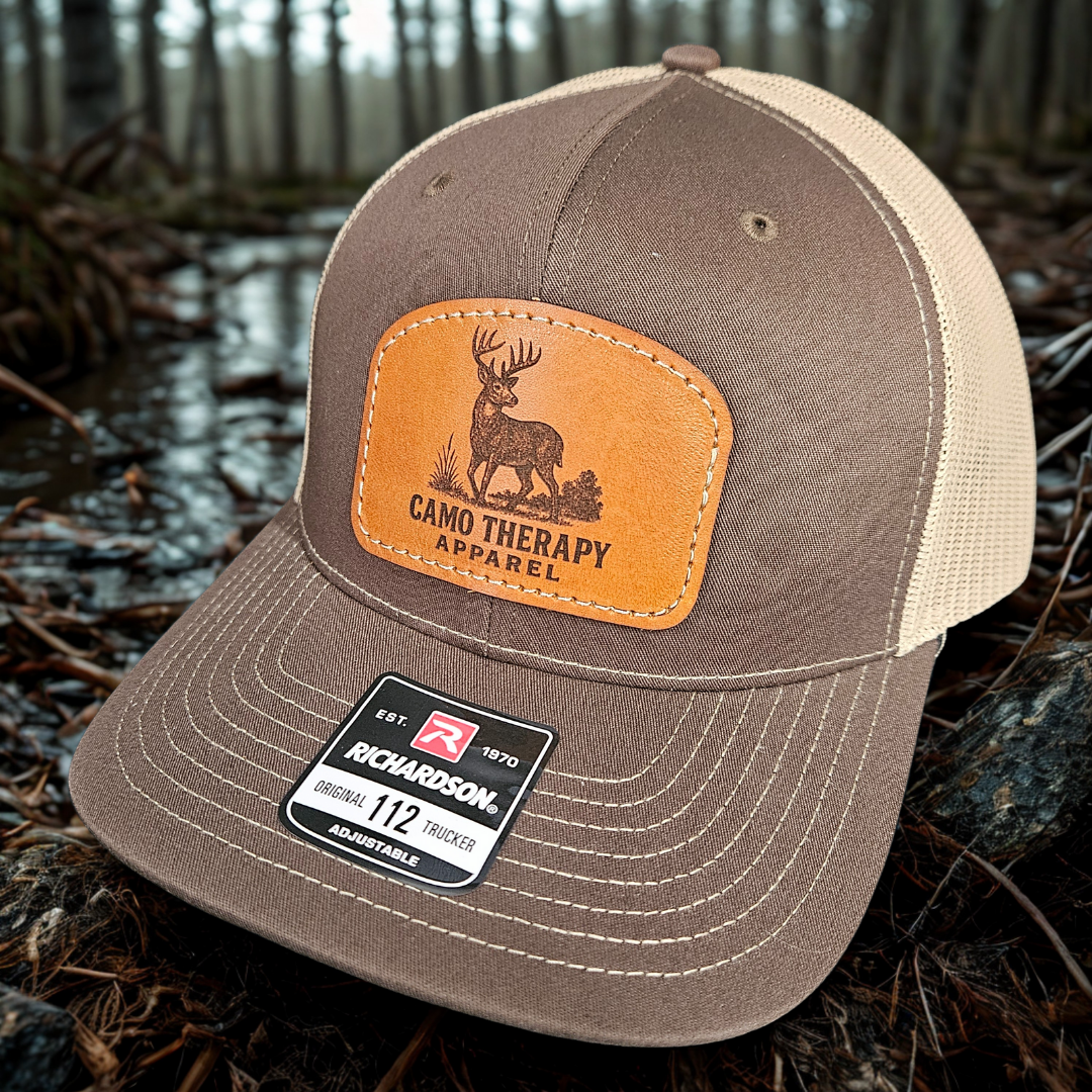 Camo Therapy™ Stitched on Leather Patch – Richardson 112 Snapback - Brown\Tan