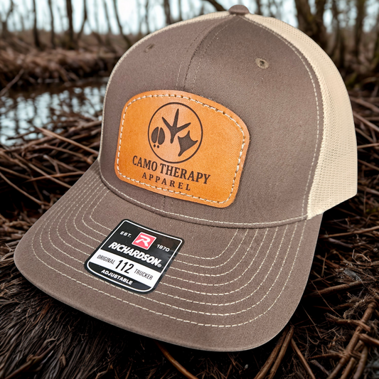 Camo Therapy™ Stitched on Leather Patch – Richardson 112 Snapback - Brown\Tan