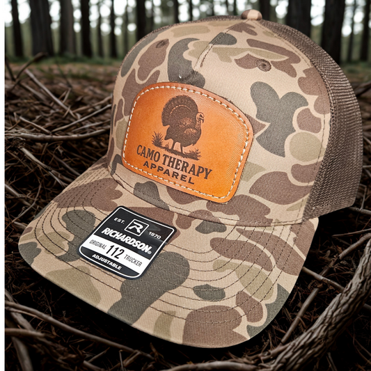 Camo Therapy™ Stitched on Leather Patch Trucker Hat – Richardson 112 - Duck Camo